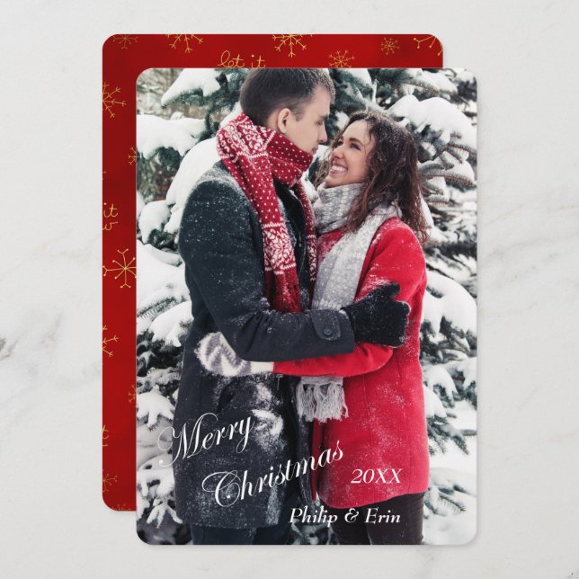 Red Guld Snowflake Photo Template jul Julkort (Fram/baksida)