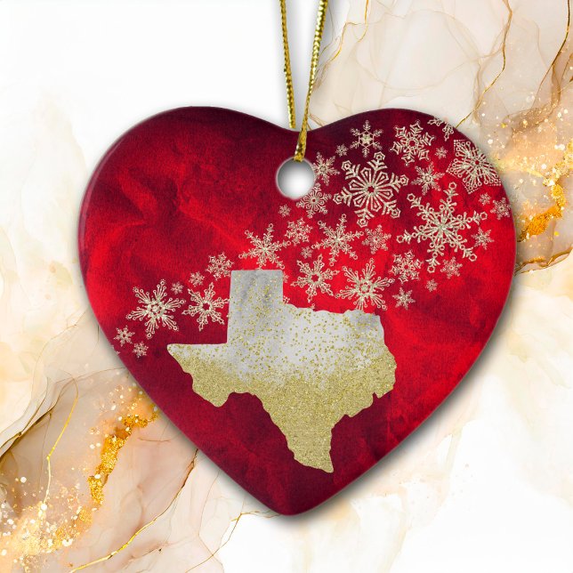 Red Guld Snowflake Texas Heart Julgransprydnad Keramik (Skapare uppladdad)