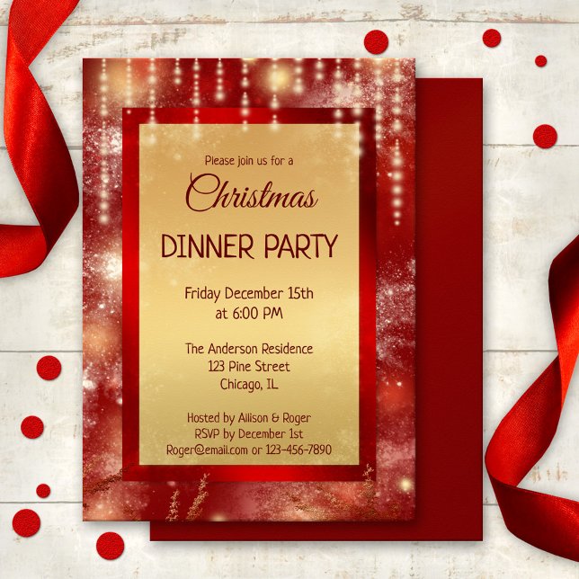 Red Guld Sparkling Ljus julmiddag Party Inbjudningar (Christmas or New Year invitation featuring a colorful red and gold design with sparkling lights)