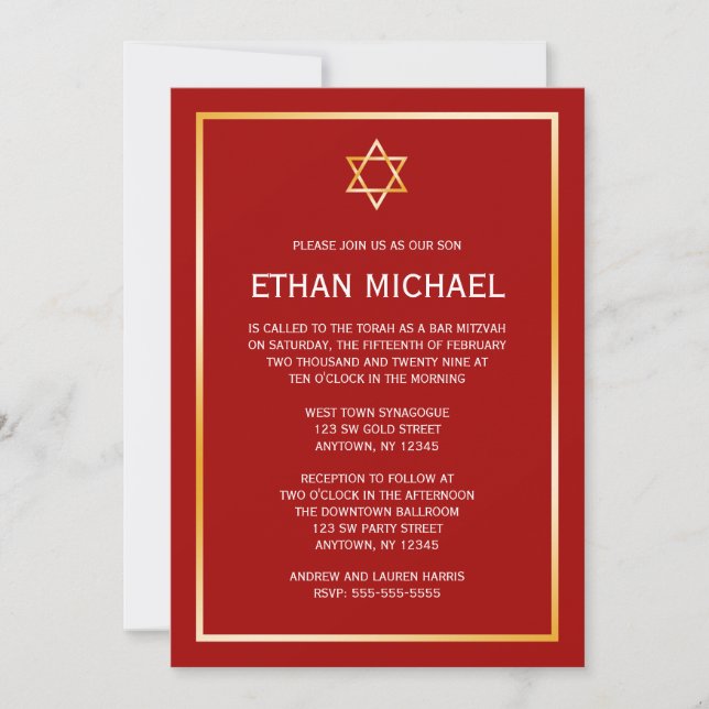 Red Guld Star av David Pub Mitzvah-inbjudan Inbjudningar (Framsida)