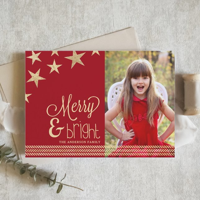 Red & Guld Stars Merry & Bright Helgdag Photo Card Julkort (Skapare uppladdad)