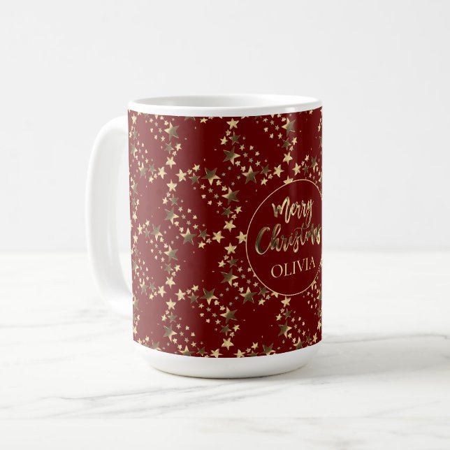 Red Guld Stars Mönster med Namn God jul Kaffemugg (Framsida vänster)