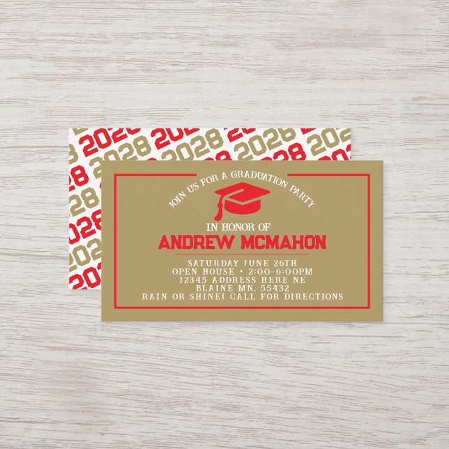 Red & Guld Studenten Mini Studenten Inbjudan (Gold and Red Mini Graduation Invitations for friends, classmates, teammates or announcement inserts)