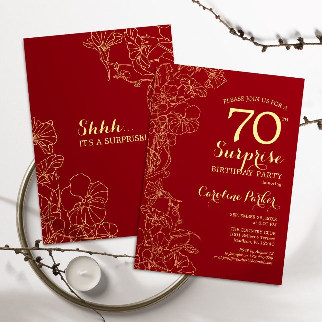 Red Guld Surprise 70:e Födelsedagsfesten Inbjudningar (Skapare uppladdad)