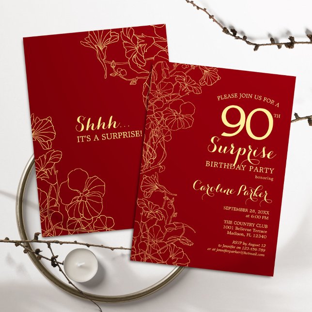 Red Guld Surprise 90:e Födelsedagsfest Inbjudningar (Skapare uppladdad)