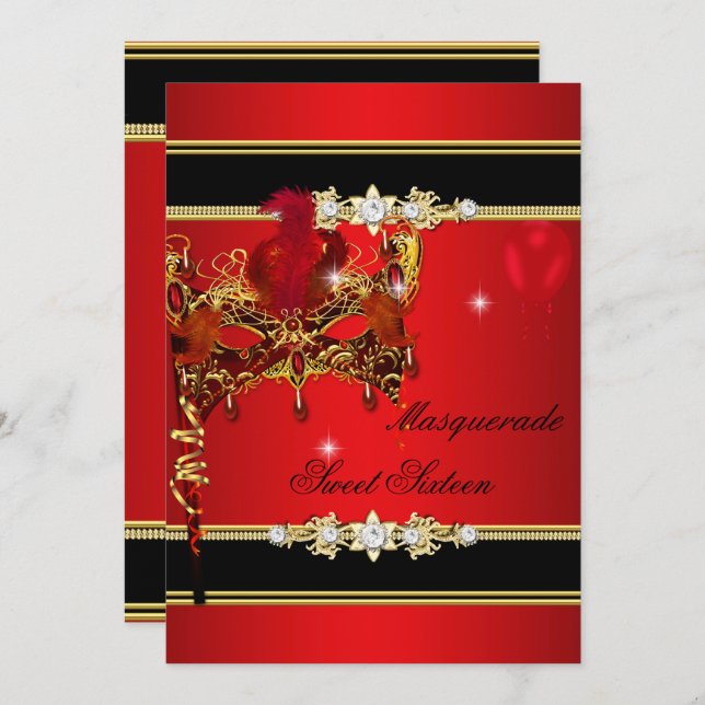 Red Guld Sweet sixteen Sweet 16, maskerad 2 Inbjudningar (Fram/baksida)
