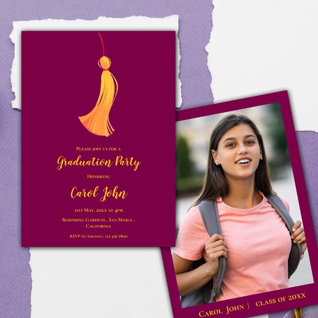 Red Guld Tassel Cute Photo 2025 Studentfest Inbjudningar (Red Gold Tassel Cute Photo 2025 Graduation Party Invitation)
