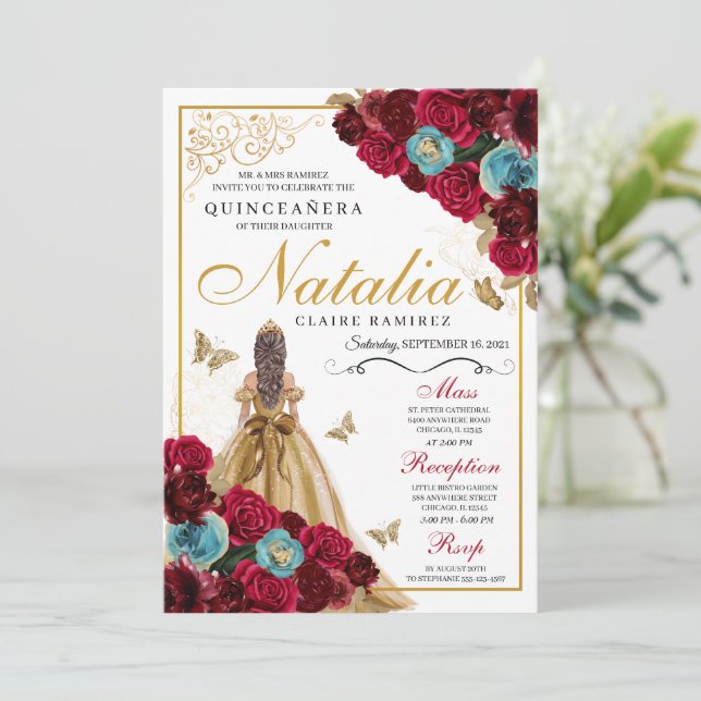 Red Guld Teal Blommigt Quinceanera Birthday Inbjudningar (Stående Fram)