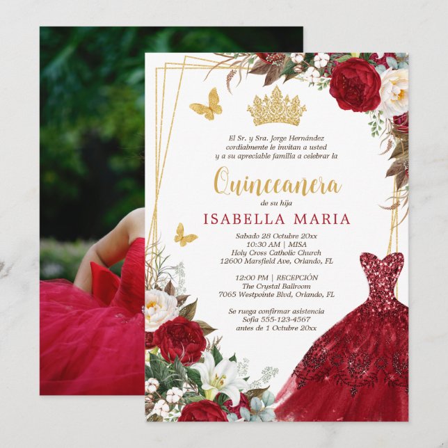 Red Guld Tiara Quinceañera-inbjudan på spanska Inbjudningar (Fram/baksida)