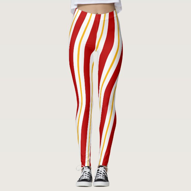 Red Guld & White Candy cane Rand jul Leggings (Framsida)