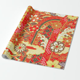 Red Guld White Japansk Kimono Blommigt Decoupage Presentpapper