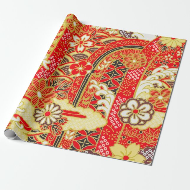Red Guld White Japansk Kimono Blommigt Decoupage Presentpapper (Utrullad)