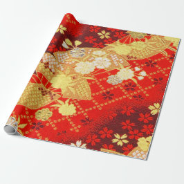 Red Guld White Japansk Kimono Blommigt Decoupage Presentpapper