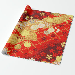 Red Guld White Japansk Kimono Blommigt Decoupage Presentpapper