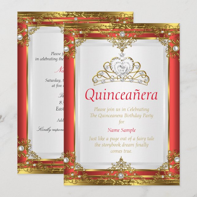 Red Guld White Pearl Princess Quinceanera Inbjudningar (Fram/baksida)