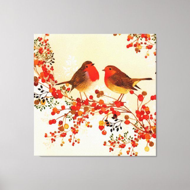 Red Guld Winter Birds Holly Berry Grenar Canvastryck (Framsida)