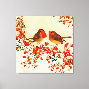 Red Guld Winter Birds Holly Berry Grenar Canvastryck