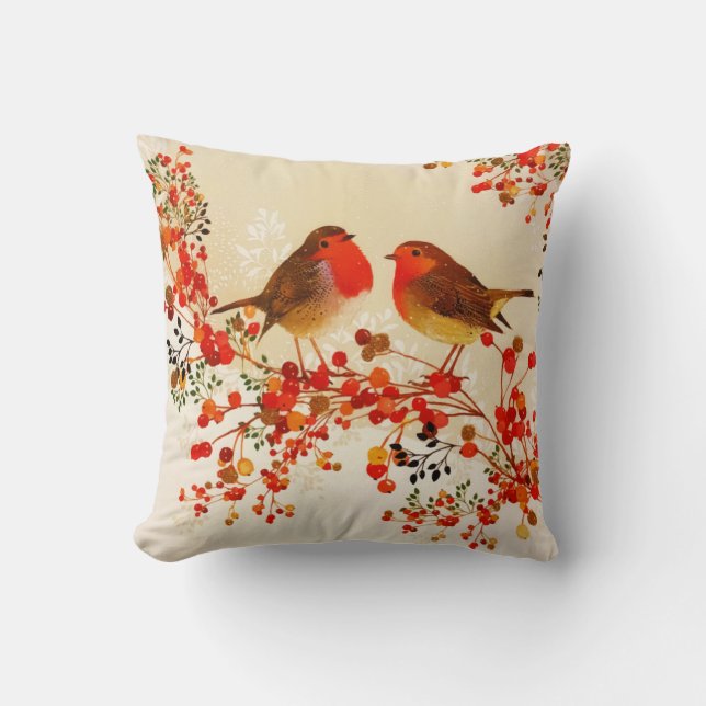 Red Guld Winter Birds Holly Berry Grenar Kudde (Framsida)