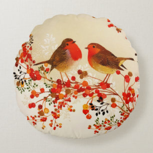 Red Guld Winter Birds Holly Berry Grenar Rund Kudde