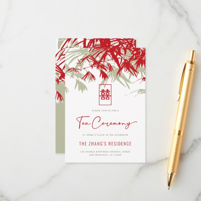 Red/Guld Zen Bamboo Löv Chinese Tea Ceremony Tilläggskort (Fram/Back In Situ)