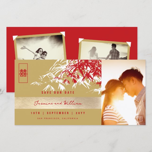 Red Guld Zen Bamboo Löv Photo Chinese Bröllop Spara Datumet (Fram/baksida)