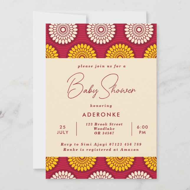 Red & Gult African Vax Print Baby Shower Inbjudningar (Framsida)