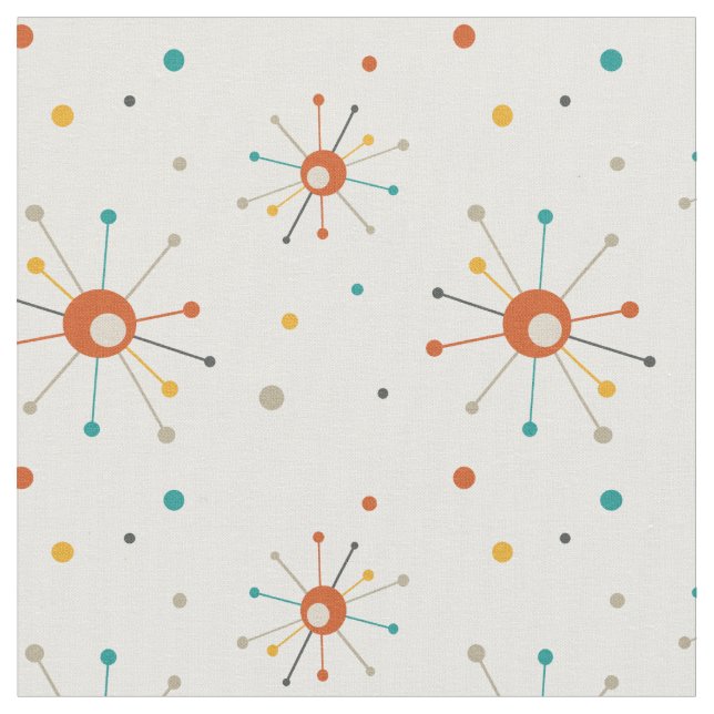 Red Gult Atomic Starbursts Mid Century Mönster Tyg (Närbild)