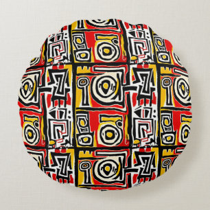 Red Gult Black Abstrakt African Tribal Geometric Rund Kudde