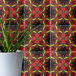 Red Gult Black Ethnic Arabesque Mosaic Boho Chic Kakelplatta