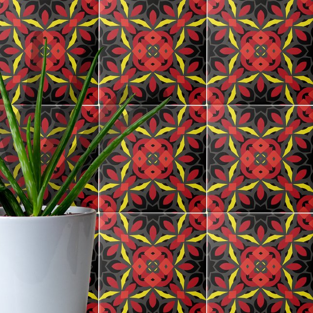 Red Gult Black Ethnic Arabesque Mosaic Boho Chic Kakelplatta (Skapare uppladdad)