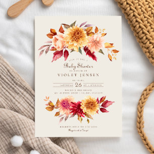Red Gult Fall Flowers Girl Baby Shower Inbjudningar