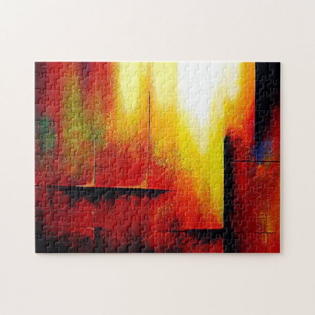 Red Gult Grönt Black Trendig Modern Abstrakt Art Pussel (Horisontell)