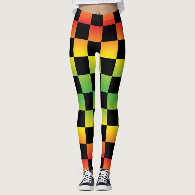 Red Gult Grönt Rasta Ombre Checkerboard Leggings (Framsida)