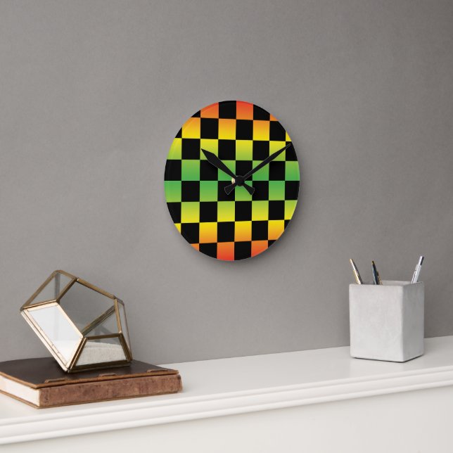 Red Gult Grönt Rasta Ombre Checkerboard Rund Klocka (Kontor)