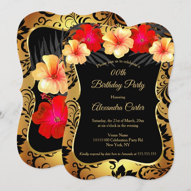 Red Gult Guld Black Damask Hibiscus Birthday Inbjudningar (Fram/baksida)