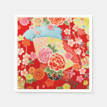 Red Gult Japansk Kimono Blommigt Decoupage Papper