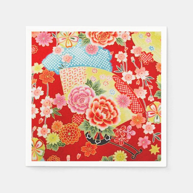 Red Gult Japansk Kimono Blommigt Decoupage Papper Pappersservett (Framsidan)
