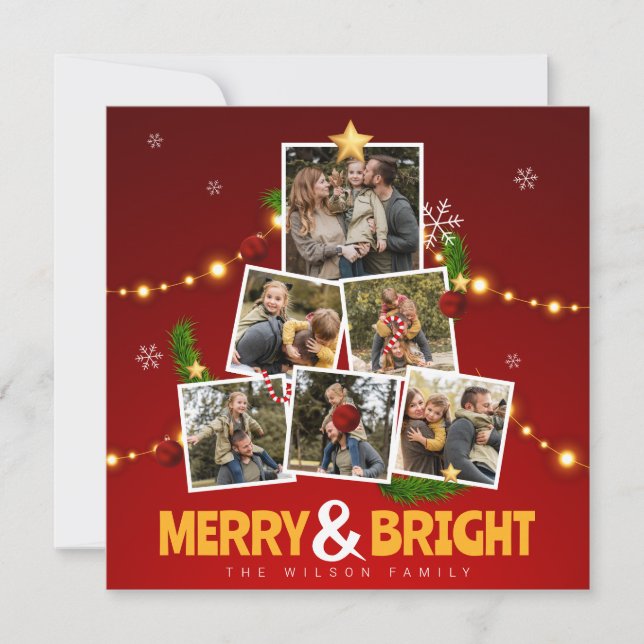 Red & Gult Merry och Bright Family Photo Collage Julkort (Framsida)