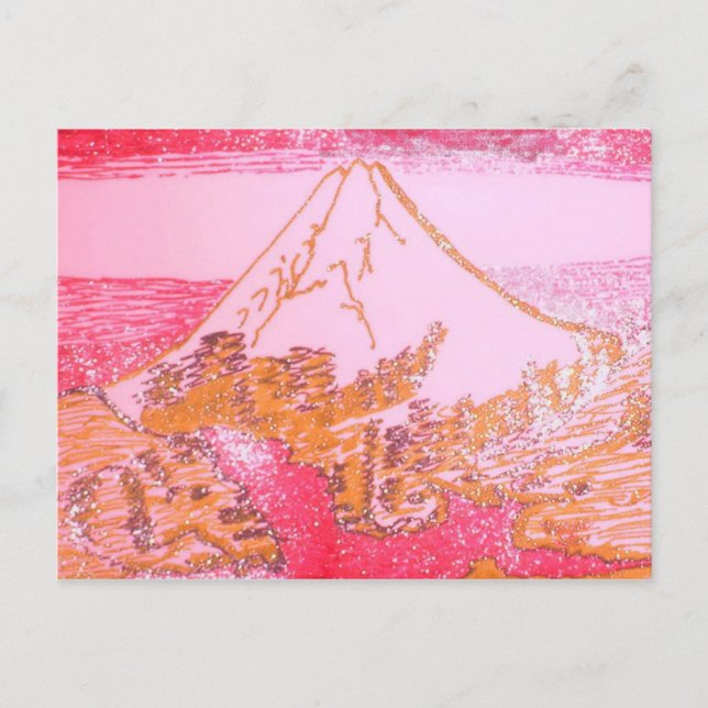 Red Gult Mt. Fuji Japan Teckning of Hokusai Paint Vykort (Framsida)