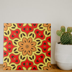 Red Gult & Orange Boho Mosaic Geometric Mönster Kakelplatta