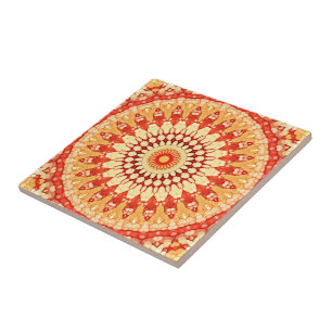 Red Gult Orange, sommaren Sol Mandala Mönster Kakelplatta