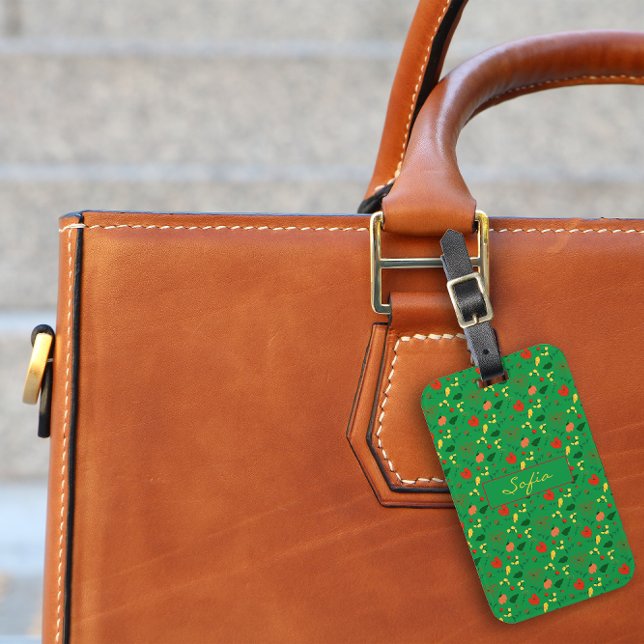 Red gult wildblomma grönt mönster Luggage Tag Bagagebricka (Skapare uppladdad)