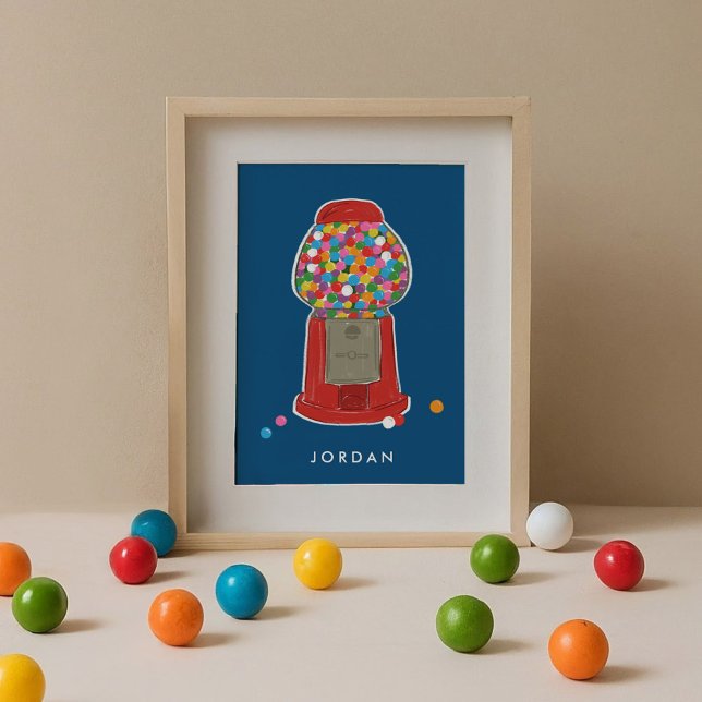 Red Gumball Maskin Candy Bubble Gum Personlig Poster (Red retro gumball candy machine blue personalized kids art print.)