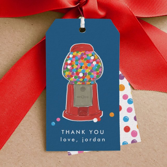 Red Gumball Maskin Candy Bubble Gum Tack Presentetikett (Red gumball machine birthday party thank you blue gift tag.)