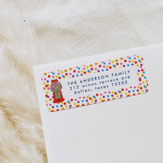 Red Gumball Maskin Candy Gum Returadress Etikett (Red vintage gumball candy spotted return address labels.)
