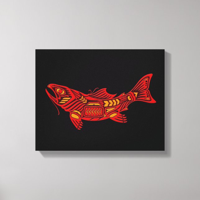 Red Haida Spirit Fish on Black Canvastryck (Framsida)