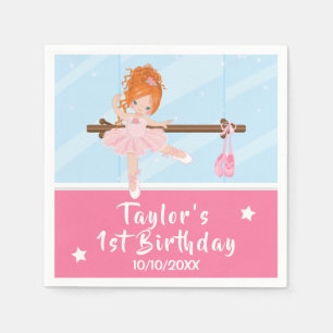 Red Hair Ballerina Rosa Tutu Birthday Napkins Pappersservett