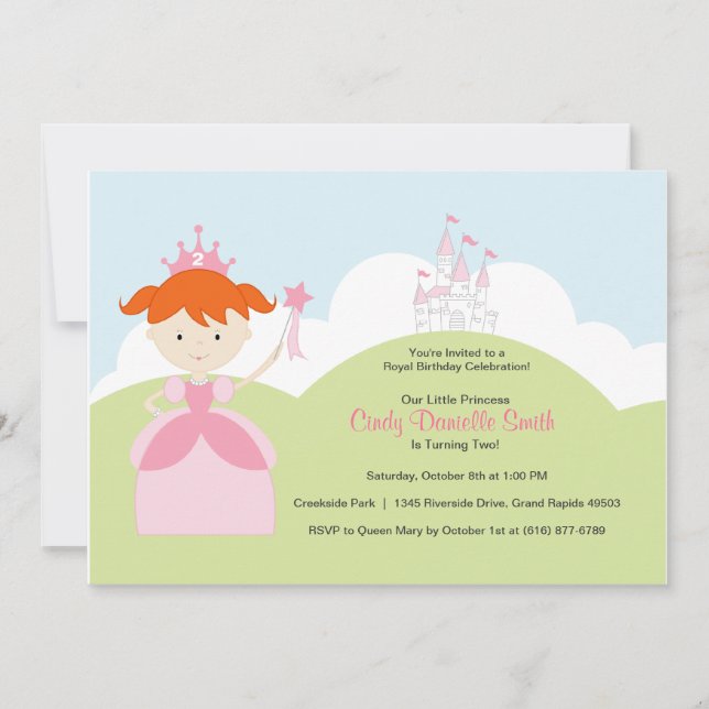 Red Hair Birthday Princess i Rosa med Castle Inbjudningar (Framsida)