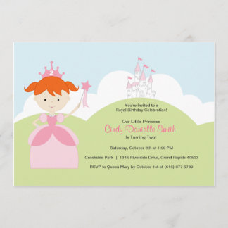 Red Hair Birthday Princess i Rosa med Castle Inbjudningar