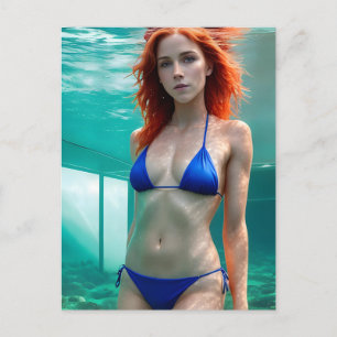 Red hair Blue Bikini Underwater Postcard Vykort